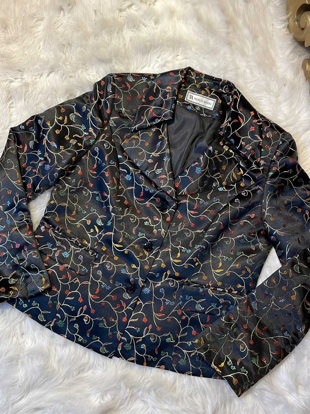 Travis Ayers Black Satin Blazer with Multicolor Floral Embroidery